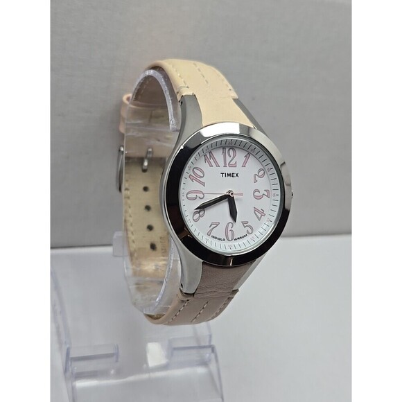 Timex Easy Reader T2H531 Womens White Pink Leather Watch Indiglo New Battery - Picture 3 of 12